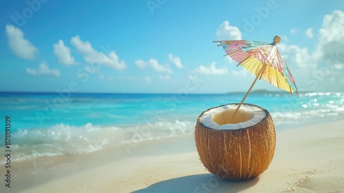 Wallpaper Mural Coconut Drink with Umbrella on a Tropical Beach at Sunset Torontodigital.ca