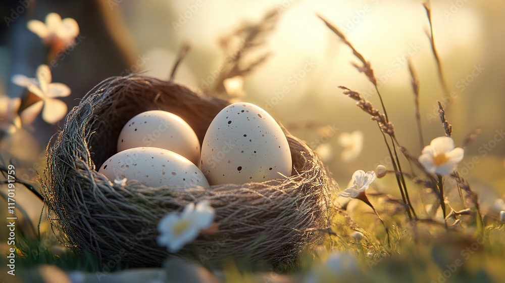 Obraz premium Speckled Bird Eggs in a Nest at Sunrise