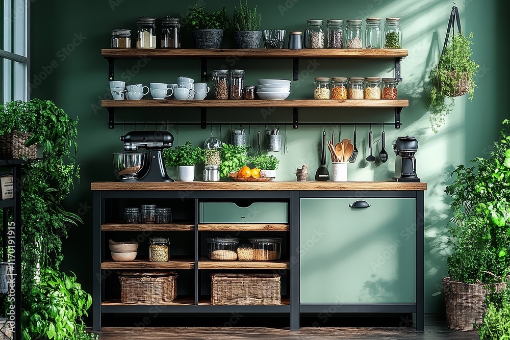 Light gray metal and wood kitchen storage shelf with four shelves, three hook bars, two floating shelves, open bottom area, dark gray accents, in front of white wall and green cabinets. Light gray metal and wood kitchen storage shelf with four shelves, three hook bars, two floating shelves, open bottom area, dark gray accents, in front of white wall and green cabinets.