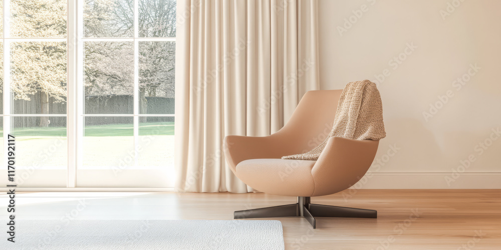 Cozy interior with modern chair and natural light streaming through window Cozy interior with modern chair and natural light streaming through window