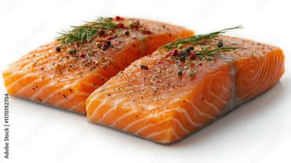 Fresh Raw Salmon Fillets Seasoned with Spices and Herbs on a White Background Ready for Cooking or Grilling Fresh Raw Salmon Fillets Seasoned with Spices and Herbs on a White Background Ready for Cooking or Grilling