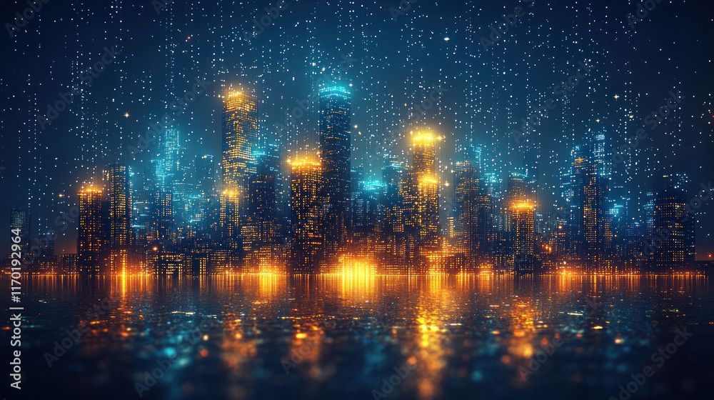 Naklejka premium Futuristic cityscape at night with glowing lights and reflections.