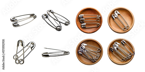 Metallic Safety Pins on Wooden Bowls