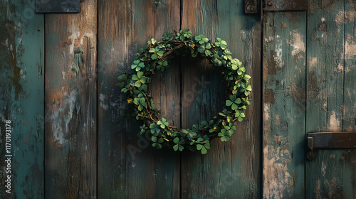 A backdrop featuring an old Irish pub door with a wreath made of clovers, suggesting warmth and tradition.
