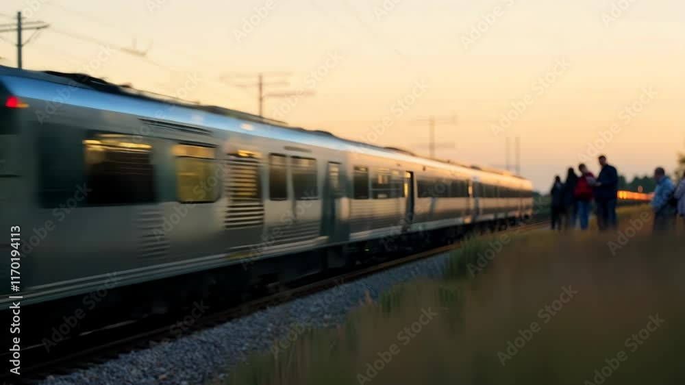 Evening scene with train passing by on the sundown. Calm railroad scene with travel mood Evening scene with train passing by on the sundown. Calm railroad scene with travel mood