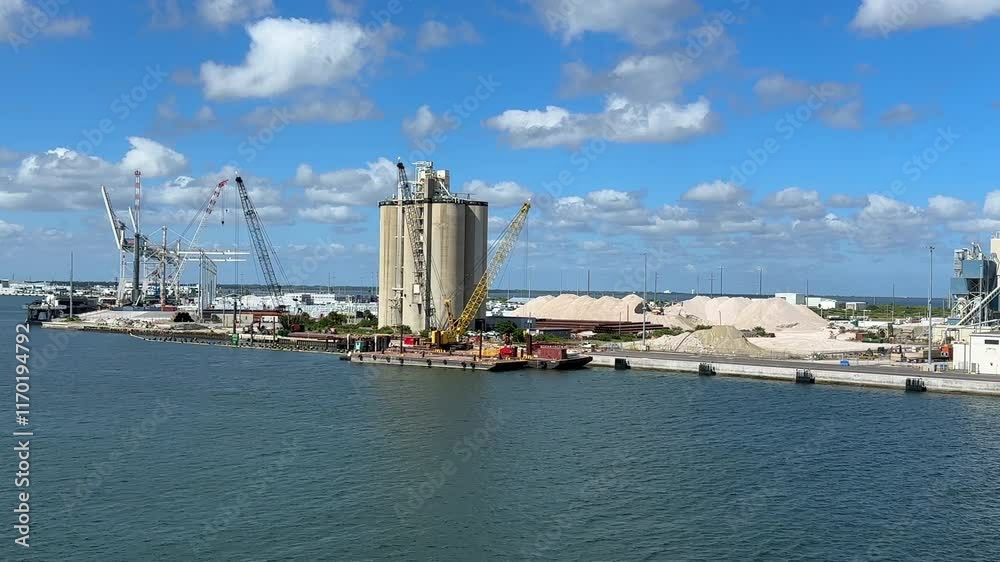 Crane loading gravel and sand onto ocean port, industrial shipping dry bulk Crane loading gravel and sand onto ocean port, industrial shipping dry bulk