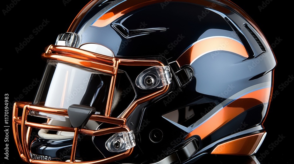 High-Definition Close-Up of a Modern American Football Helmet Featuring Bold Color Scheme and Sleek Design Elements for Sports Photography Use High-Definition Close-Up of a Modern American Football Helmet Featuring Bold Color Scheme and Sleek Design Elements for Sports Photography Use