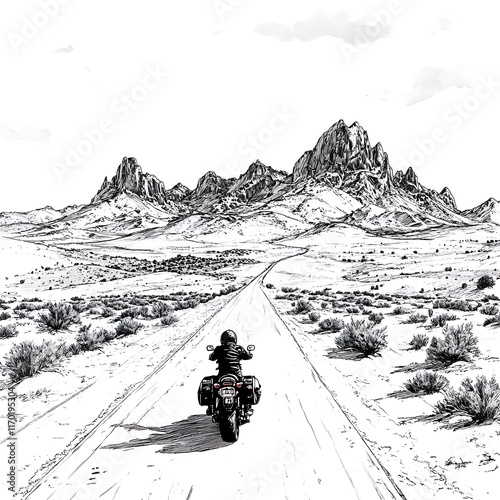 A lone motorcyclist rides down a desert road towards majestic mountains, a black and white illustration.