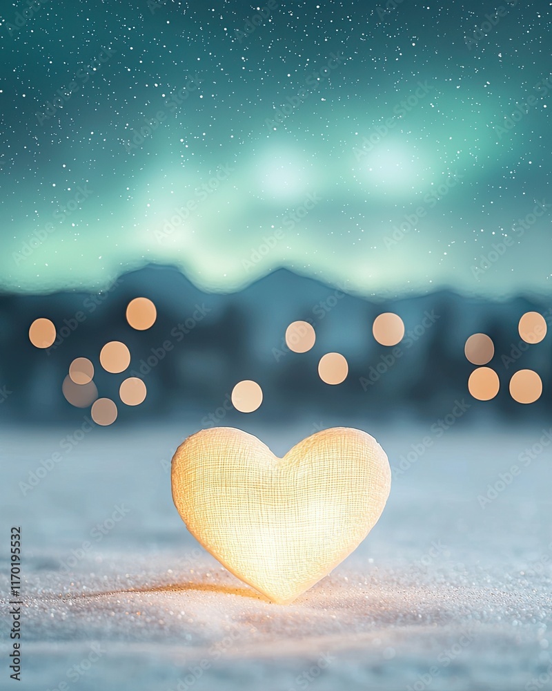 Fototapeta premium Romantic Aurora Blur Concept, Glowing Heart Shaped Decoration Against Starry Background