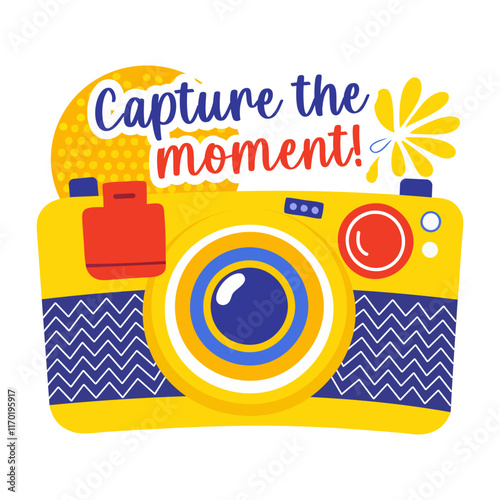 A flat sticker of a camera with capture the moment text