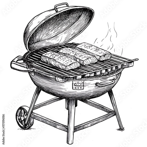 Ink Drawing of Three Salmon Fillets Grilling on a Charcoal Kettle Grill. photo