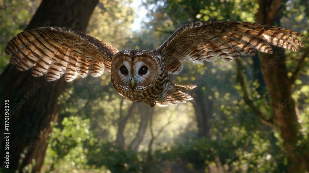 Fototapeta premium Tawny Owl in flight, captured mid-air with sharp focus on its wings and a forest clearing below