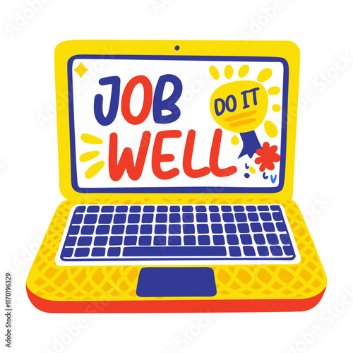 Job well written on a laptop, flat style sticker