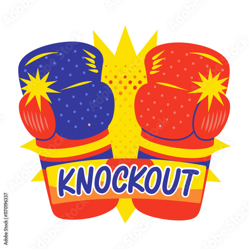 Boxing gloves with knockout text, flat style sticker