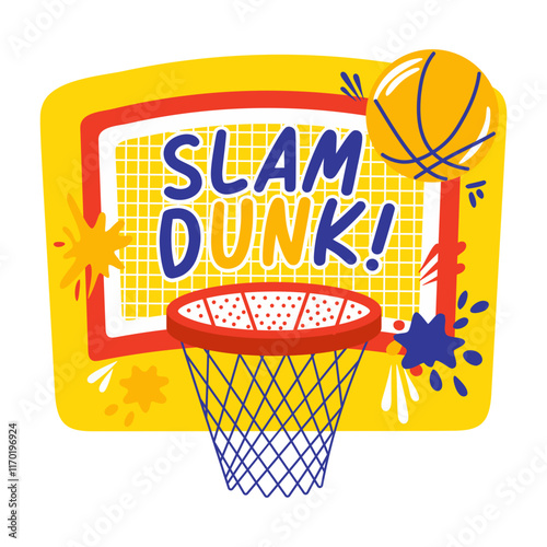 A flat sticker of basketball court with slam dunk typography