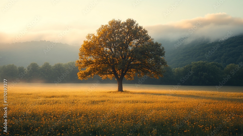 Solitary Tree Stands in Golden Flower Field at Sunrise Solitary Tree Stands in Golden Flower Field at Sunrise