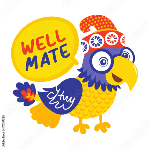 A flat sticker of a cute parrot with well mate text