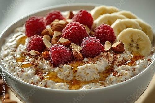 Delicious oatmeal topped with raspberries, banana slices, almonds, and honey. photo