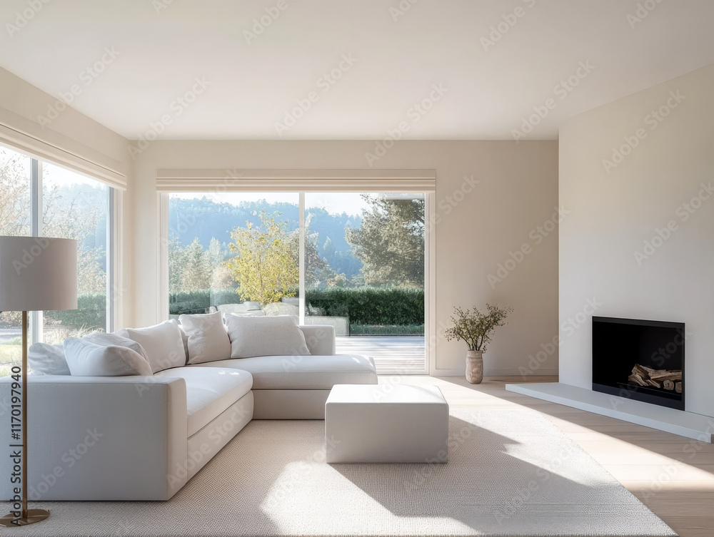 Fototapeta premium Bright and airy modern living room with cozy seating and scenic outdoor view