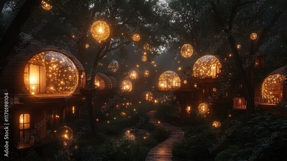 Enchanting village of luminous geodesic domes nestled in a mystical forest at night. Enchanting village of luminous geodesic domes nestled in a mystical forest at night.
