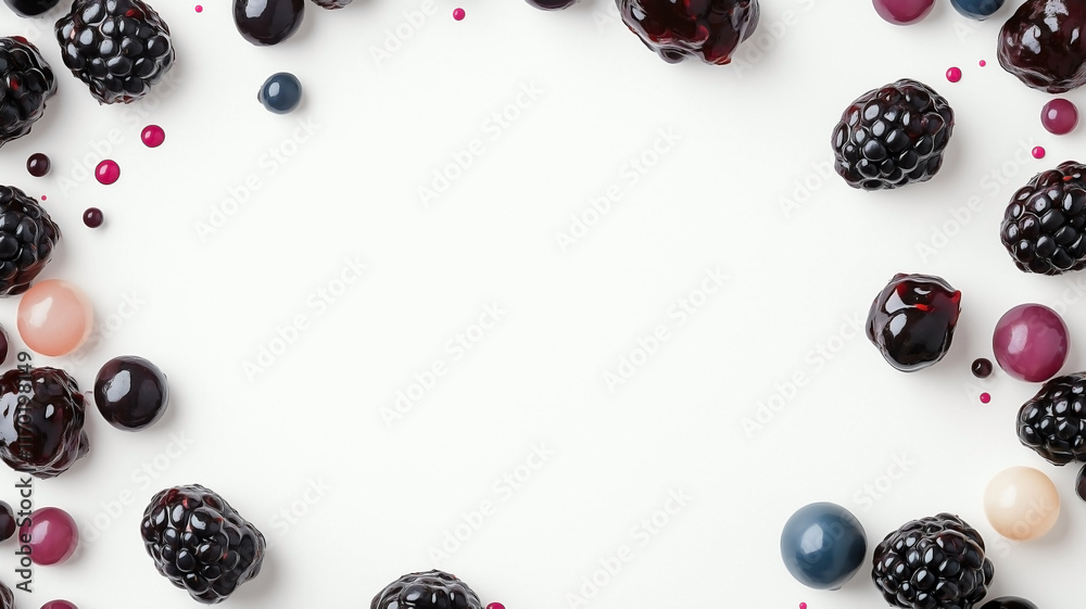 Mock-up of a poster with wide copy space in the center, surrounded by dark purple-black blackberry jam.