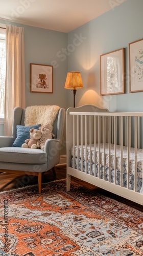 Cozy nursery with stylish furniture and soft lighting