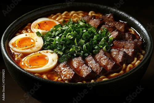 Delicious ramen noodles with sliced beef, soft boiled eggs, and green onions. photo