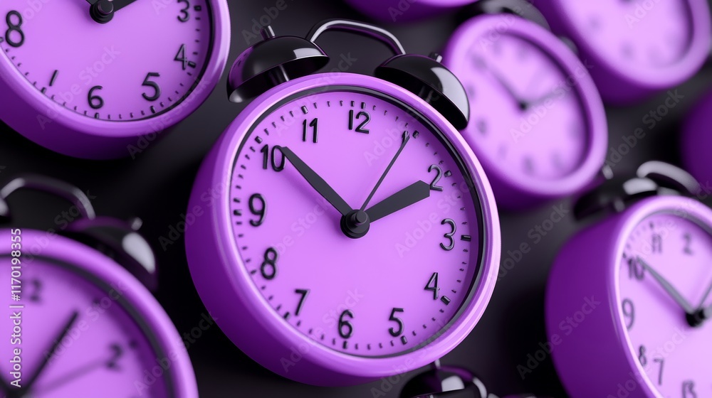 Cartoon purple clocks with black hands 3d render illustration Cartoon purple clocks with black hands 3d render illustration