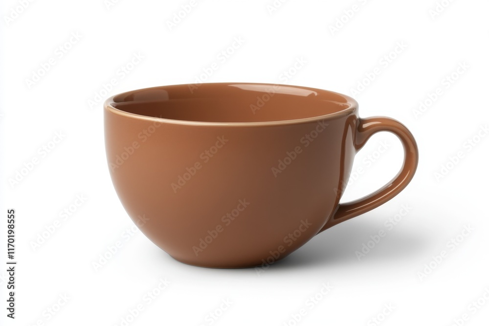 A large, brown ceramic mug with a C-shaped handle, isolated on a white background. A large, brown ceramic mug with a C-shaped handle, isolated on a white background.