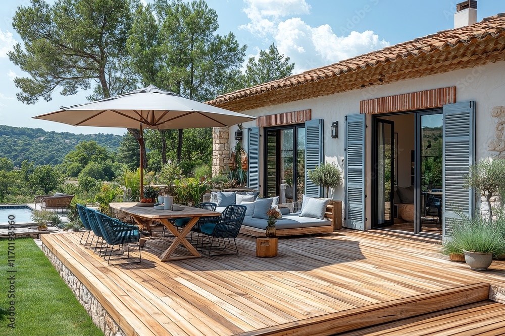 Obraz premium Stylish wooden terrace with umbrella, blue outdoor dining table and chairs, modern garden furniture set on light wood deck, French doors, pastel-colored shutters, and grassy yard