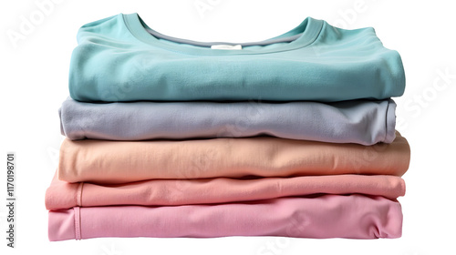 Soft pastel shirts neatly stacked, a calming visual delight.  Perfect for a minimalist wardrobe or a cozy bedroom aesthetic., cut out