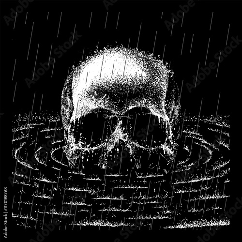 Skull in heavy rain hand drawing vector isolated on black background.