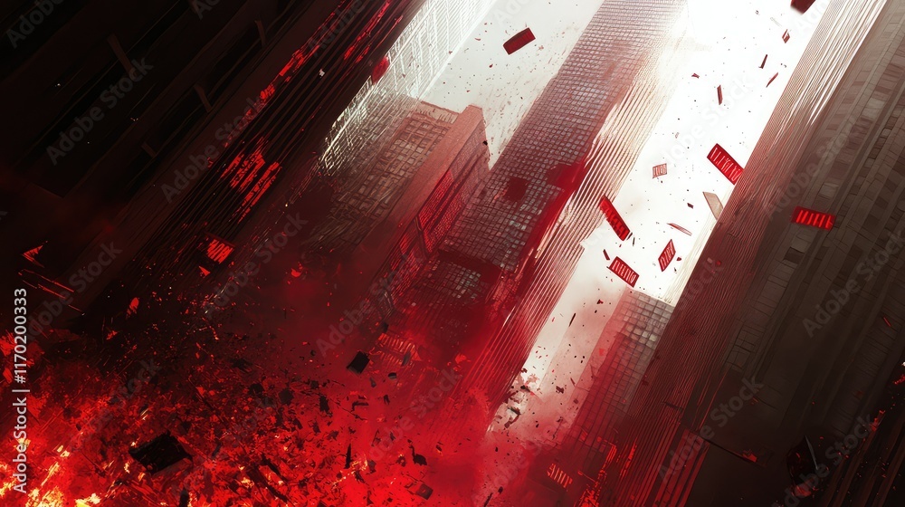 Naklejka premium Urban Catastrophe with Red Explosion in Cityscape Background