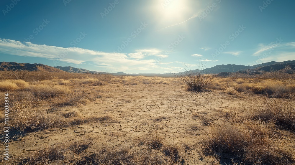 Fototapeta premium Serene Desert Landscape Under Bright Sunlight with Distant Mountains