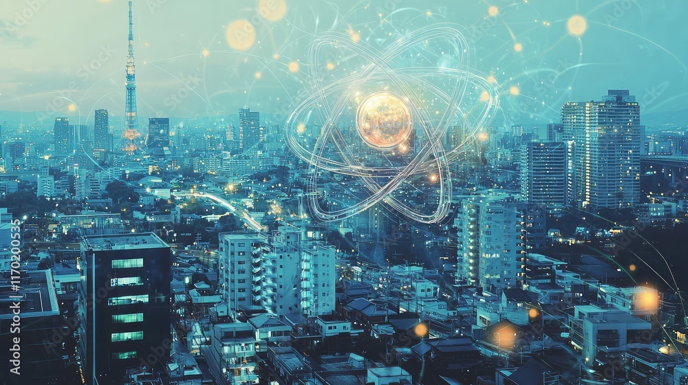Naklejka premium Futuristic Cityscape with Abstract Atomic Structure Overlay