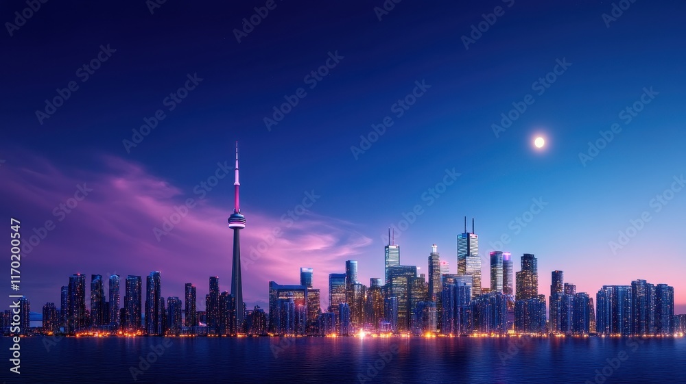 Fototapeta premium Futuristic city skyline illuminated by renewable energy sources, showcasing sustainability and innovation.