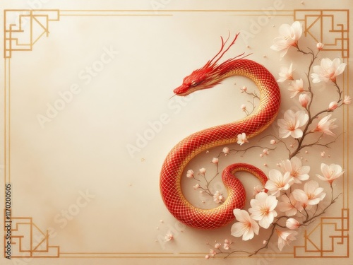 Abstract red snake and flowers illustration, creating a festive and elegant design, perfect for Chinese New Year or Asian themed projects. photo