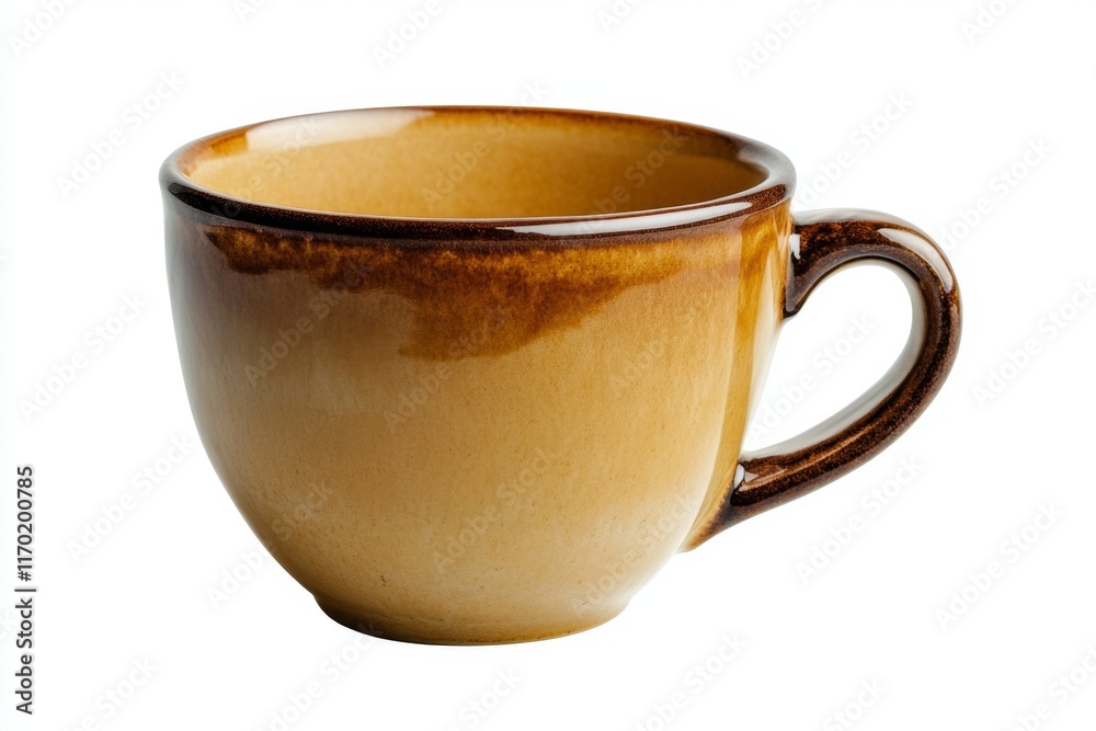 A single, empty, brown and tan ceramic teacup with a handle, isolated on a white background. A single, empty, brown and tan ceramic teacup with a handle, isolated on a white background.