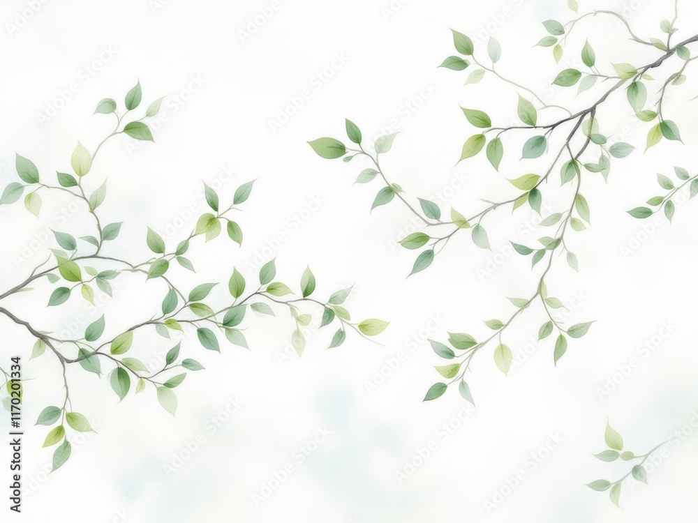 Abstract green branches with small gold flowers, creating a delicate and natural illustration, perfect for spring, floral or wedding designs. Abstract green branches with small gold flowers, creating a delicate and natural illustration, perfect for spring, floral or wedding designs.