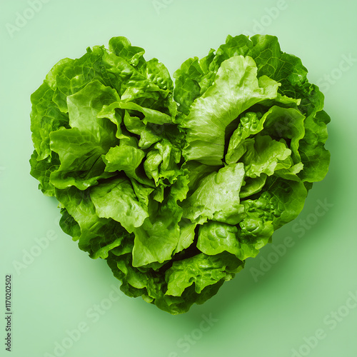 Fresh lettuce leaves arranged in heart shape, symbolizing love for healthy eating. Perfect for salads and vegetarian dishes