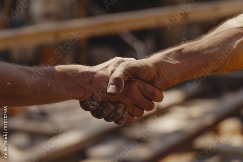 Two men in work clothes shaking hands, signifying camaraderie or agreement. photo