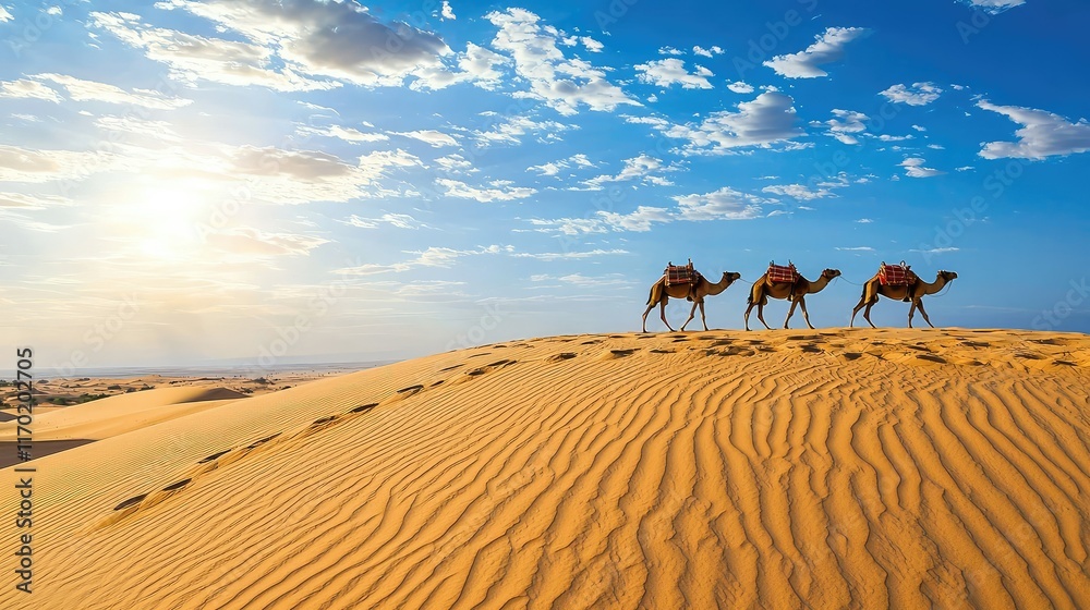 Camels Walking on Sand Dune Under Bright Blue Sky at Sunset