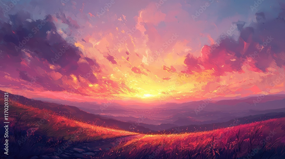 Fototapeta premium Majestic Sunset Over Rolling Hills with Vibrant Colorful Sky