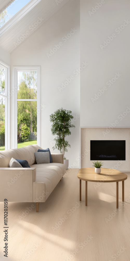 Fototapeta premium Modern living room with large windows and minimalistic decor in a bright environment