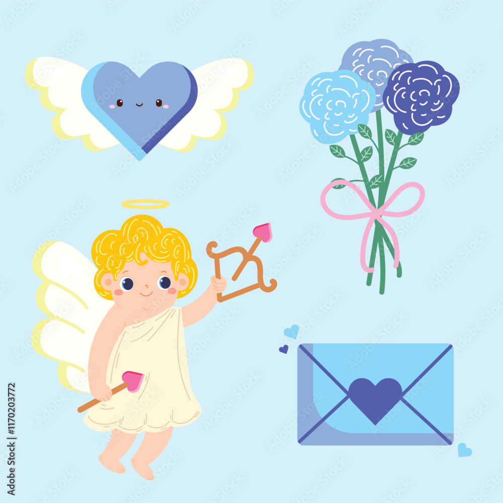 Cute Hand Drawn Cartoon Vector Cupid Angel Blue Valentine Illustration Set Cute Hand Drawn Cartoon Vector Cupid Angel Blue Valentine Illustration Set