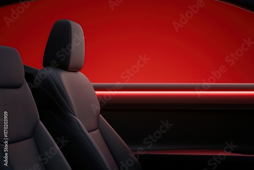 A modern car interior featuring sleek seats and ambient red lighting, creating a stylish and futuristic atmosphere.