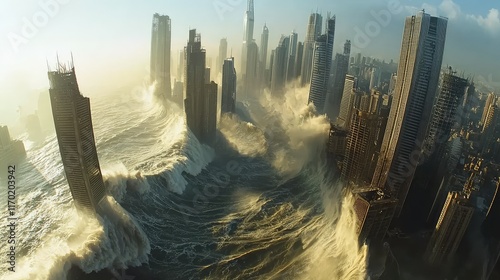 Surreal Cityscape with Massive Waves Crashing on Skyscrapers photo