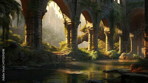 Sunlit Ruins by a Serene River photo