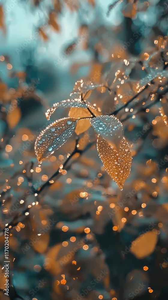 Obraz premium Glowing Leaves with Raindrops in Soft Evening Light