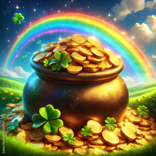 Pot of Gold at the End of a Rainbow with Shamrocks and Glowing Coins in a Magical Scene